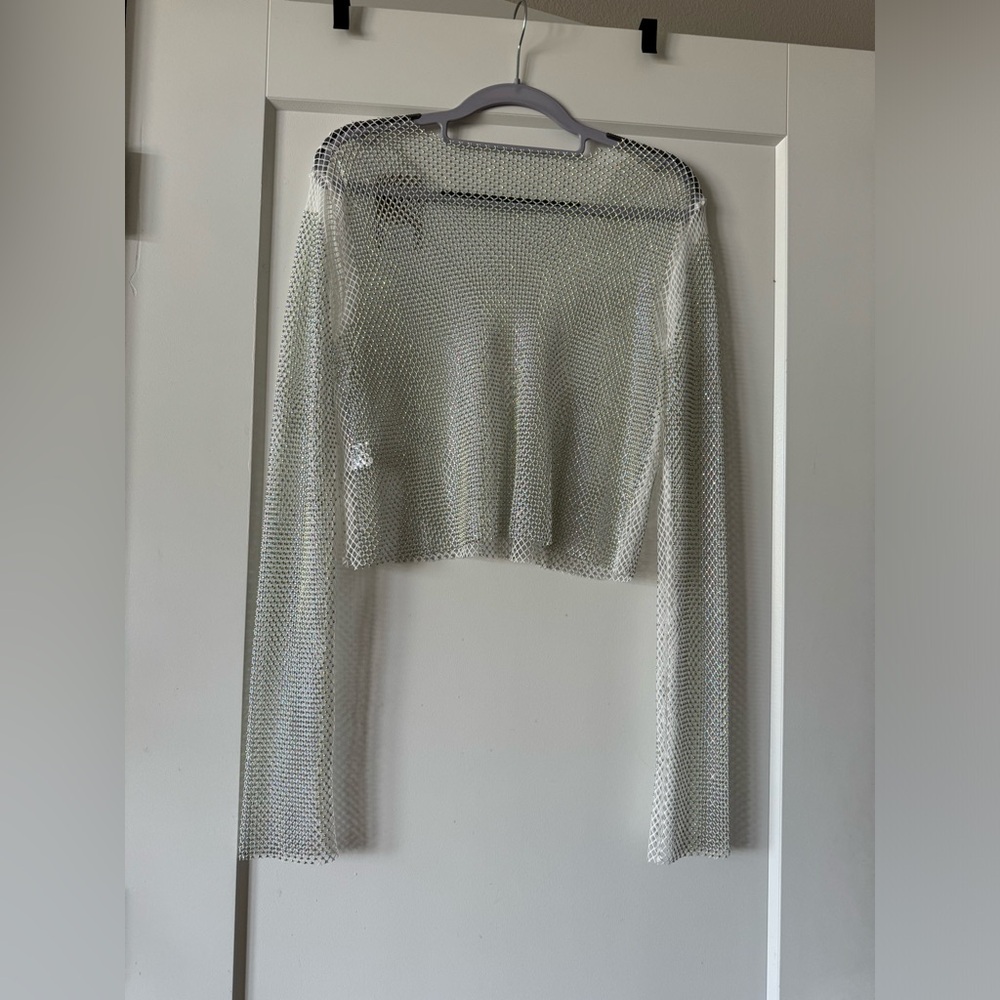 NWT white mesh fishnet long sleeve with rhinestone - size medium